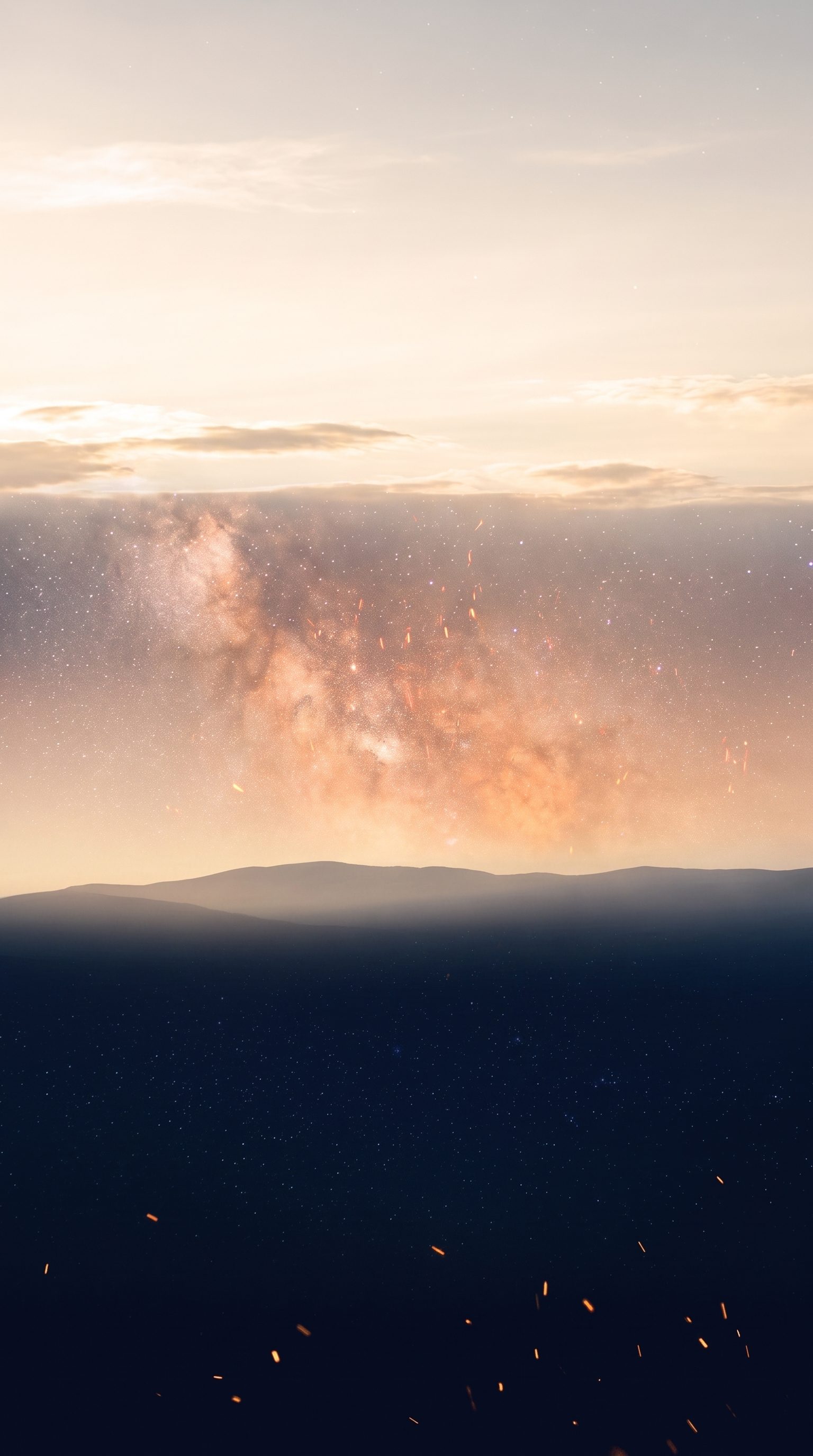 Heller Sternenhimmel mit warmen Funken, am Horizont nur eine angedeutete Hügellinie